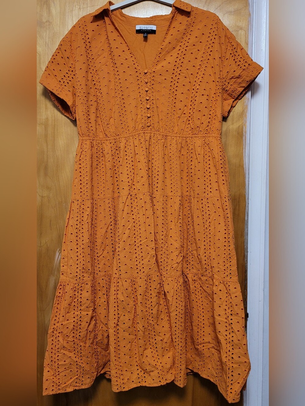 ELOQUII Orange Eyelet Cotton Dress 18 Midi Shirt Dress Tiered Fit & Flare Plus